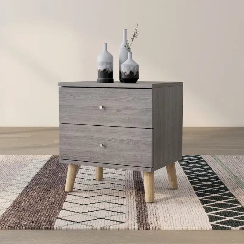 Table de chevet grise à 2 tiroirs de style moderne du milieu du siècle