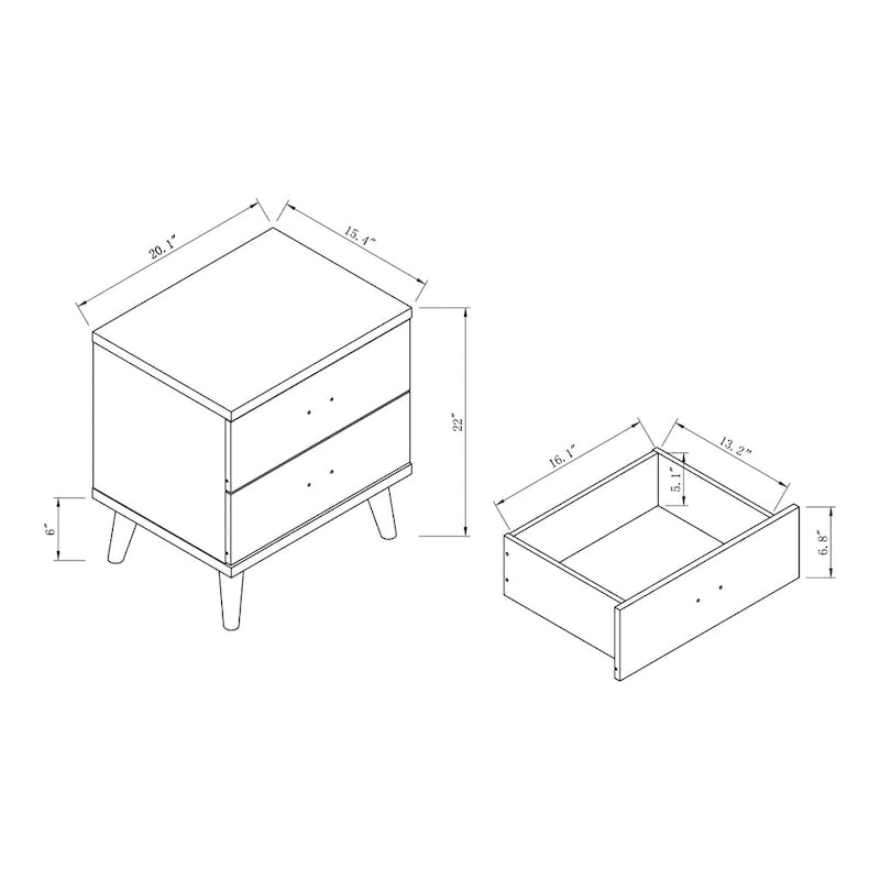 Table de chevet grise à 2 tiroirs de style moderne du milieu du siècle