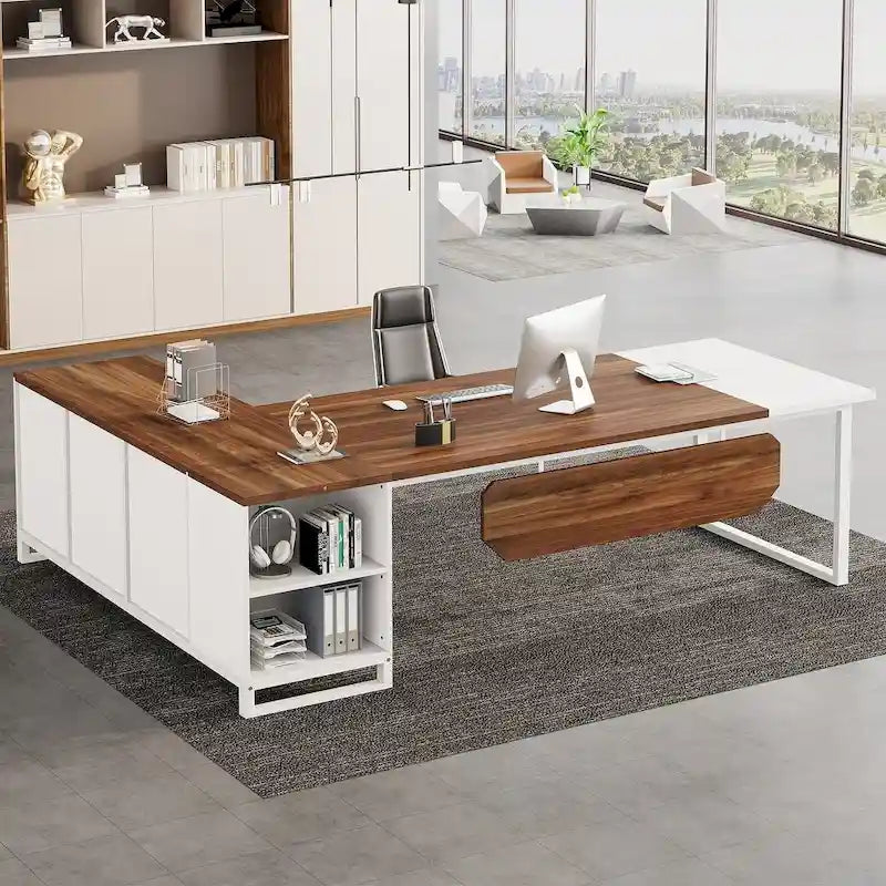 70.8  Executive Desk with 55  File Cabinet, Modern L Shaped Computer Desk with Storage Shelves and Cabinet