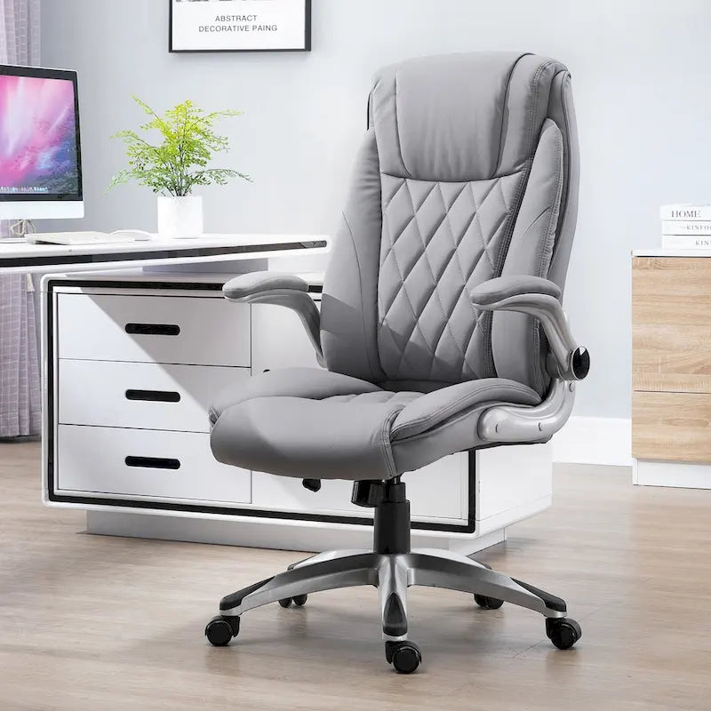 High Back 360 Swivel Ergonomic Home Office Chair with Flip Up Arms, Faux Leather Computer Desk Rocking Chair, Grey