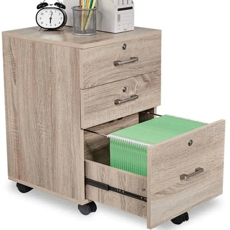 Caisson de classement roulant à 3 tiroirs avec serrure, chêne / noir / blanc / gris, pour 1 personne