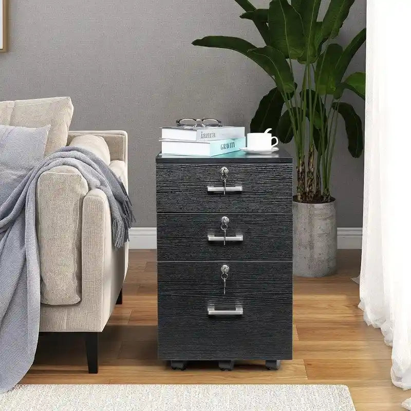 Caisson de classement roulant à 3 tiroirs avec serrure, chêne / noir / blanc / gris, pour 1 personne