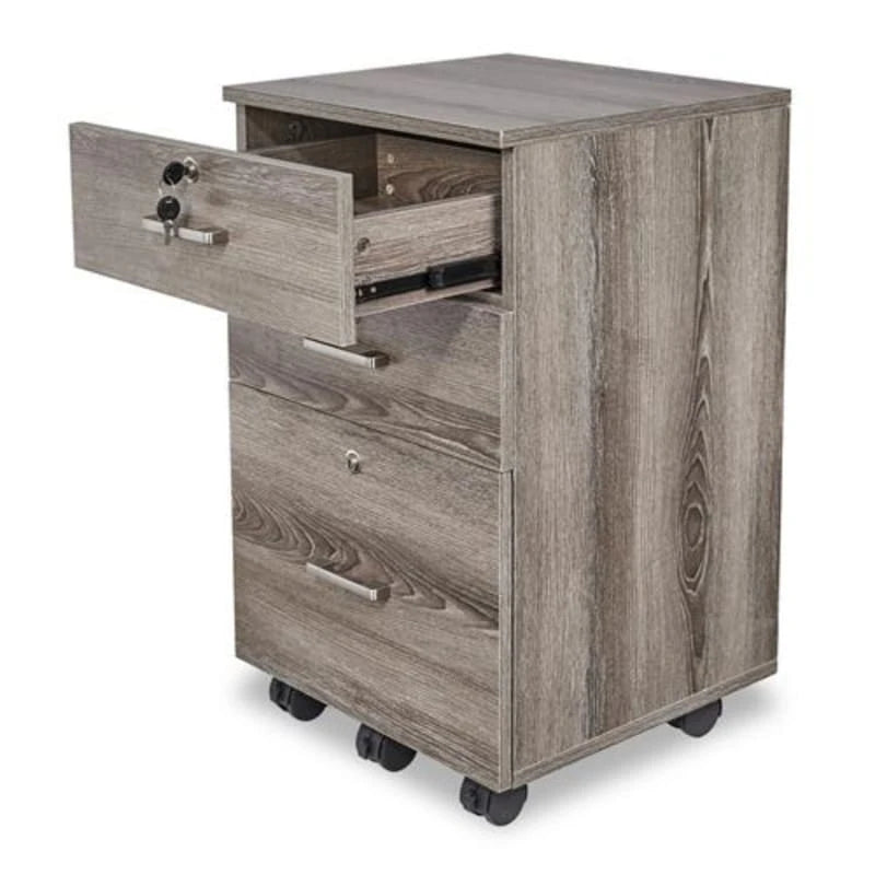 Caisson de classement roulant à 3 tiroirs avec serrure, chêne / noir / blanc / gris, pour 1 personne