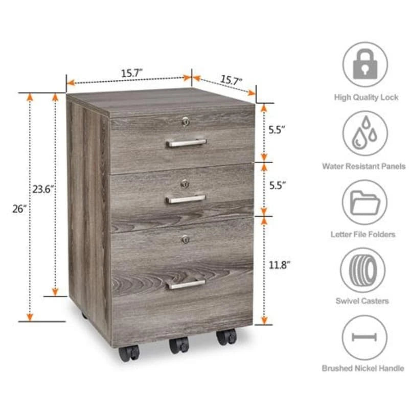 Caisson de classement roulant à 3 tiroirs avec serrure, chêne / noir / blanc / gris, pour 1 personne