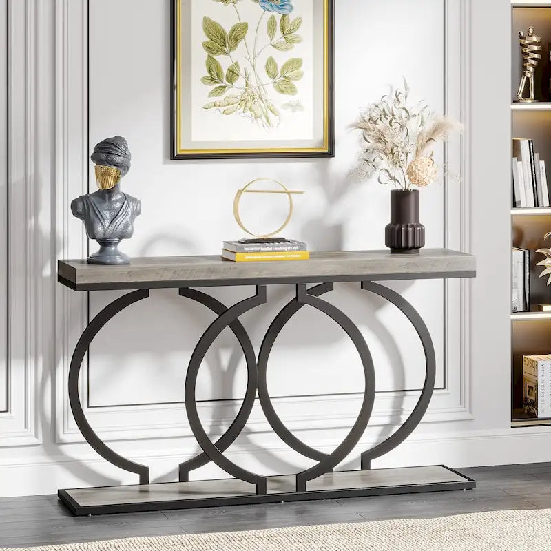 Console étroite 55 pouces, Blanc/Noir/Noyer/Marron, Cadre métallique, Table d'appoint pour une personne