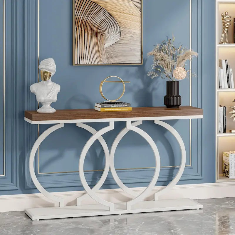 Console étroite 55 pouces, Blanc/Noir/Noyer/Marron, Cadre métallique, Table d'appoint pour une personne