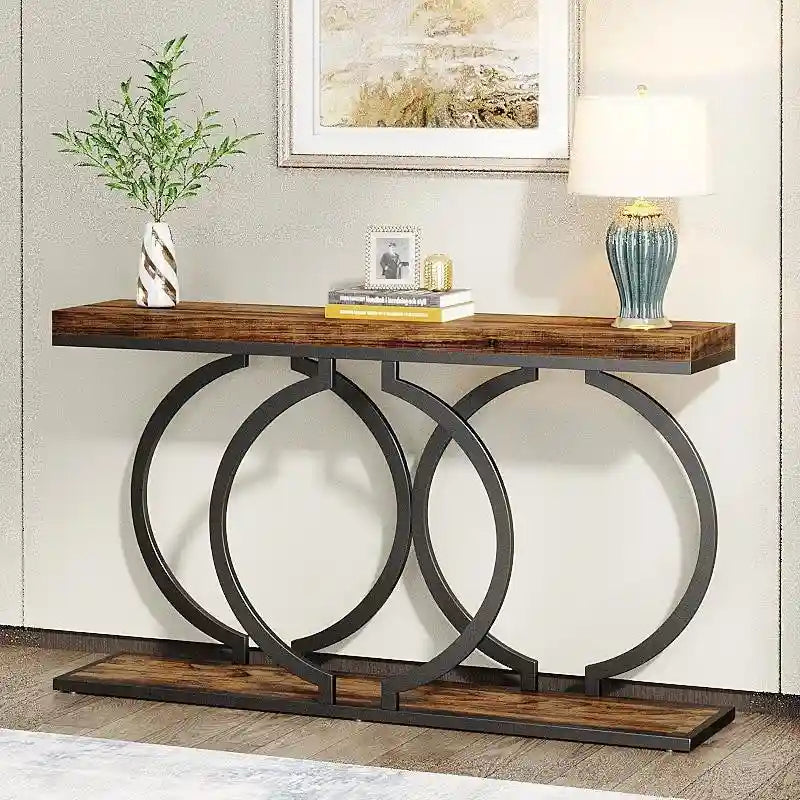 Console étroite 55 pouces, Blanc/Noir/Noyer/Marron, Cadre métallique, Table d'appoint pour une personne