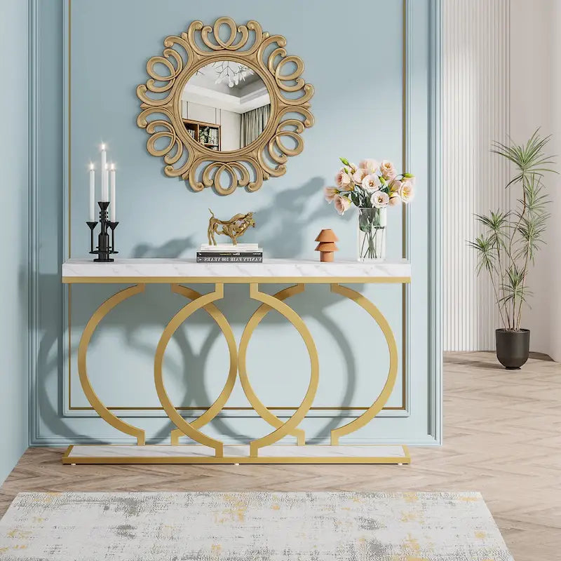 Console étroite 55 pouces, Blanc/Noir/Noyer/Marron, Cadre métallique, Table d'appoint pour une personne