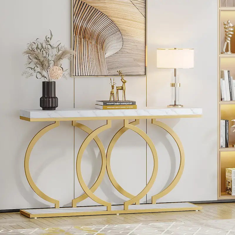 Console étroite 55 pouces, Blanc/Noir/Noyer/Marron, Cadre métallique, Table d'appoint pour une personne