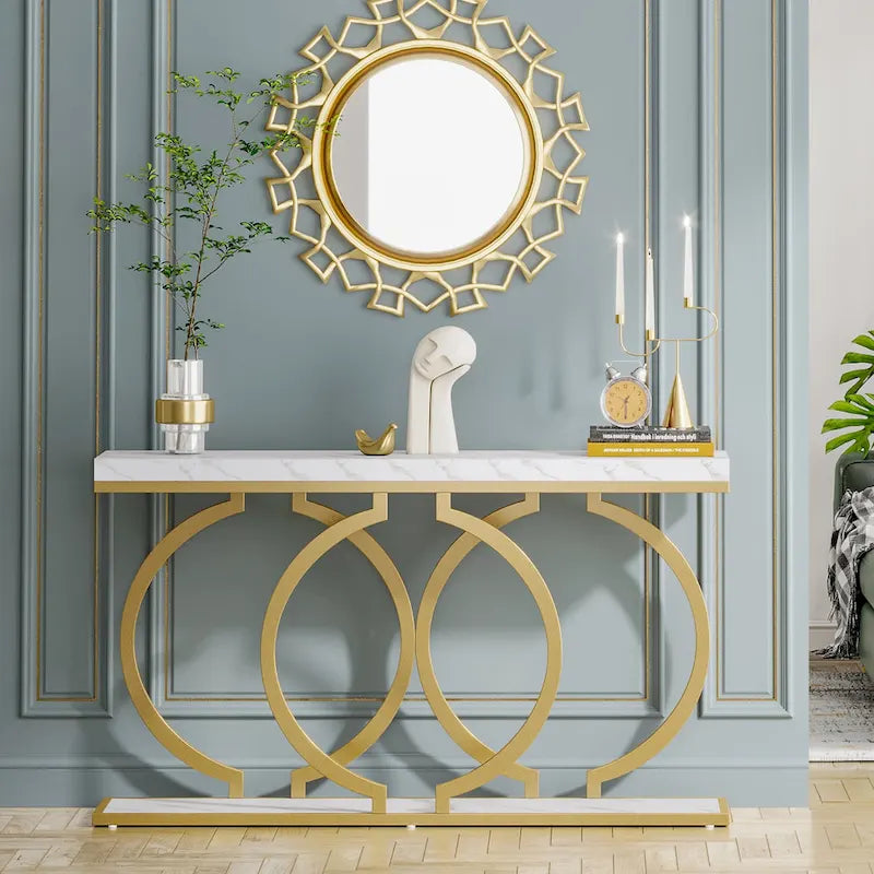 Console étroite 55 pouces, Blanc/Noir/Noyer/Marron, Cadre métallique, Table d'appoint pour une personne