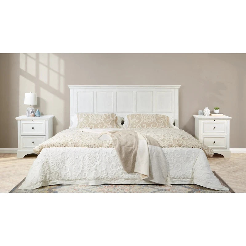 Tête de lit et 2 tables de chevet style ferme blanc – Très grand lit/grand lit, ensemble 3 pièces