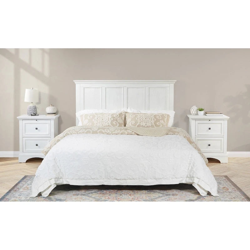 Tête de lit et 2 tables de chevet style ferme blanc – Très grand lit/grand lit, ensemble 3 pièces