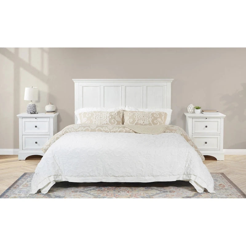 Tête de lit et 2 tables de chevet style ferme blanc – Très grand lit/grand lit, ensemble 3 pièces