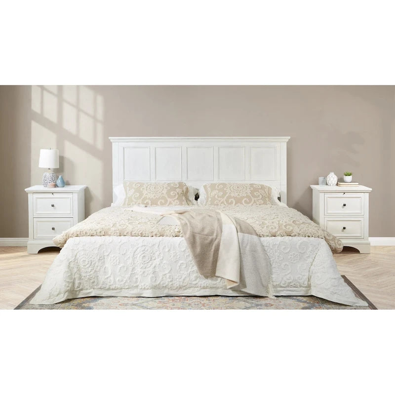 Tête de lit et 2 tables de chevet style ferme blanc – Très grand lit/grand lit, ensemble 3 pièces