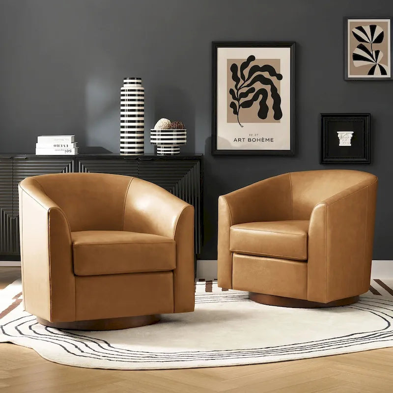 Fauteuil pivotant en cuir véritable, sauge / marron / camel, lot de 2