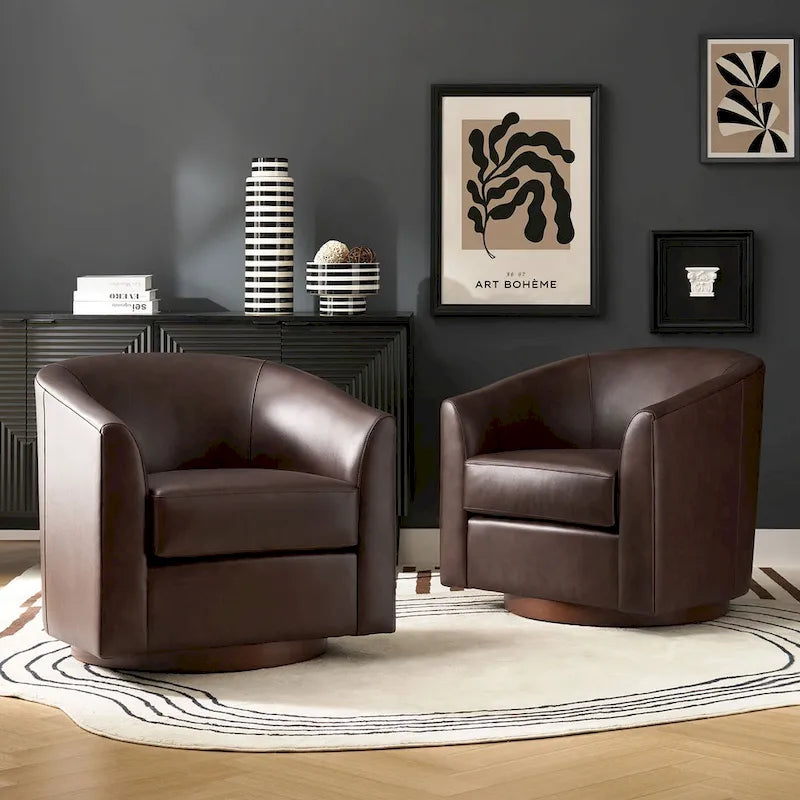 Fauteuil pivotant en cuir véritable, sauge / marron / camel, lot de 2
