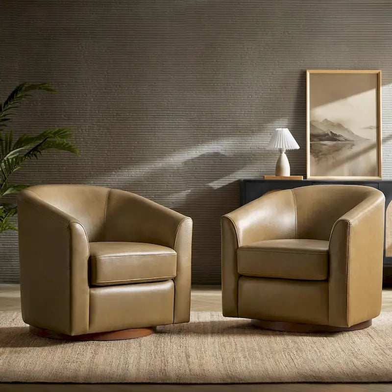 Fauteuil pivotant en cuir véritable, sauge / marron / camel, lot de 2