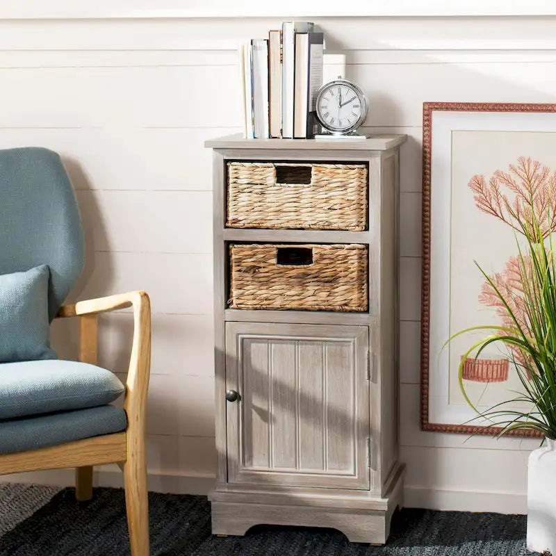 Meuble de rangement en pin avec paniers en osier, 4 couleurs, porte unique