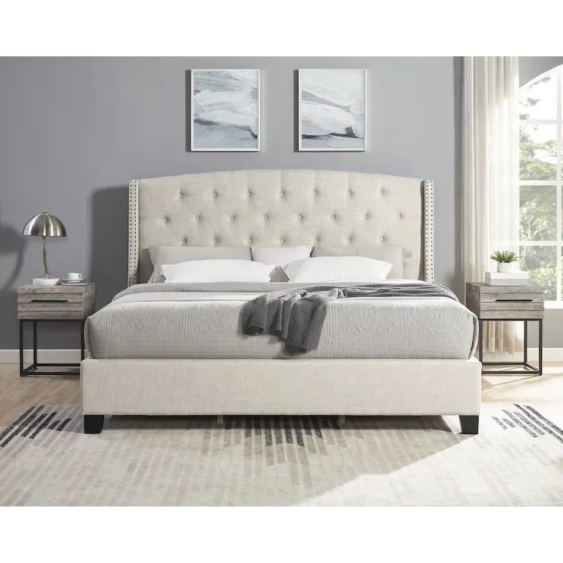 Chambre à coucher 3 pièces capitonnée avec dossier à oreilles, blanc/gris, grand lit/très grand lit, 2 personnes