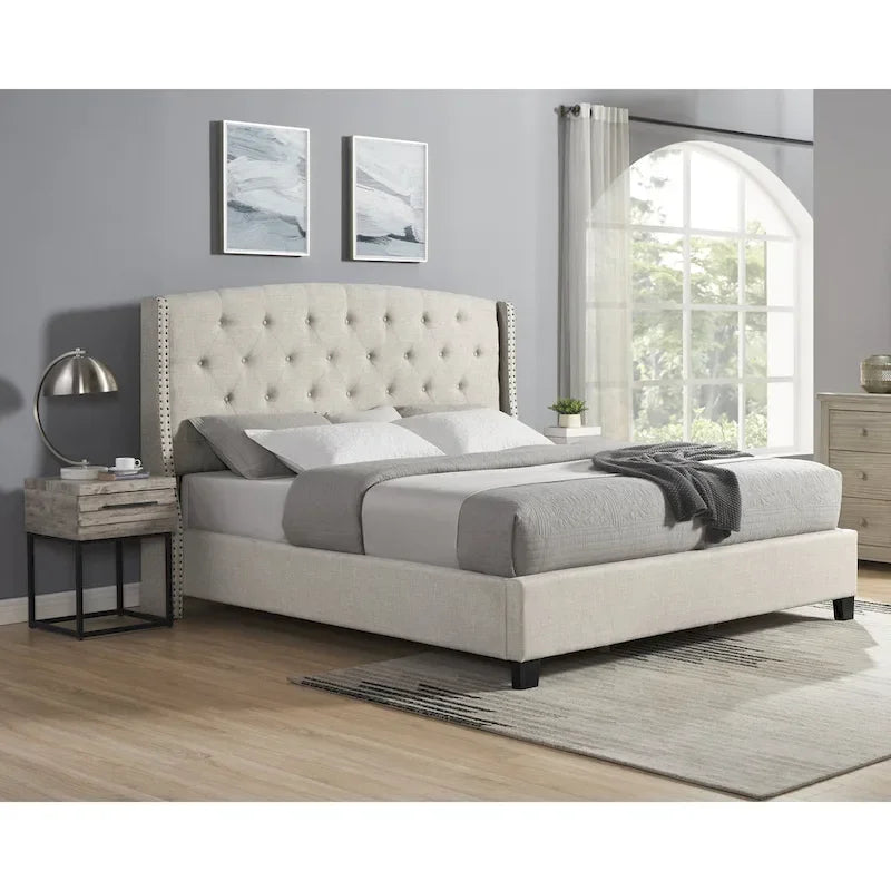 Chambre à coucher 3 pièces capitonnée avec dossier à oreilles, blanc/gris, grand lit/très grand lit, 2 personnes