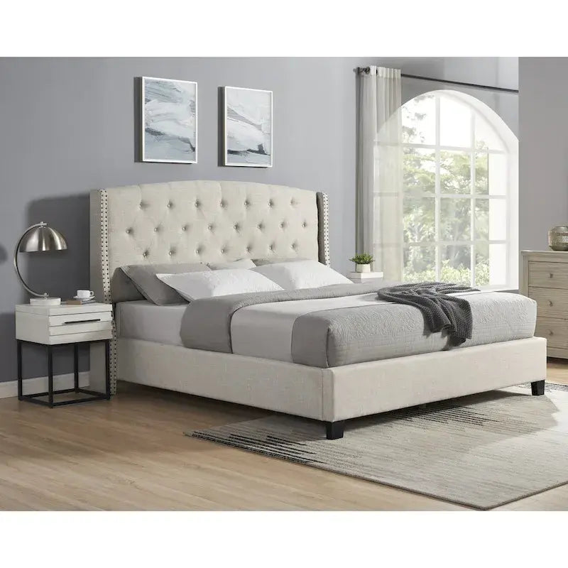Chambre à coucher 3 pièces capitonnée avec dossier à oreilles, blanc/gris, grand lit/très grand lit, 2 personnes