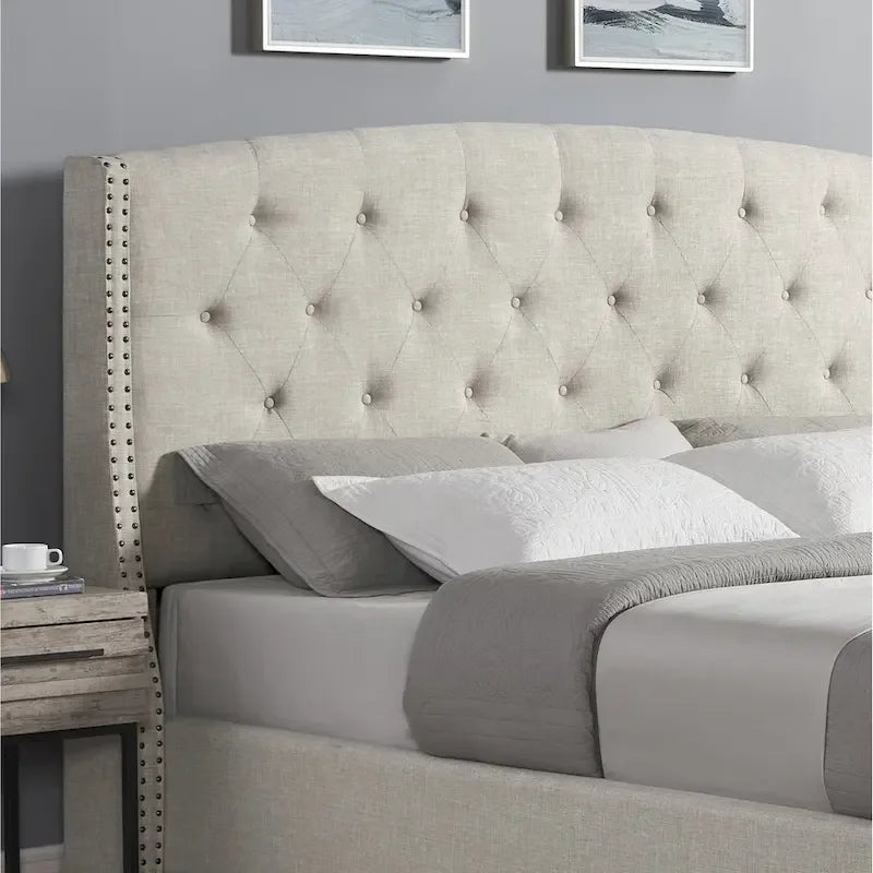 Chambre à coucher 3 pièces capitonnée avec dossier à oreilles, blanc/gris, grand lit/très grand lit, 2 personnes