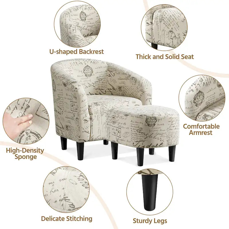 Fauteuil d'appoint en tissu avec pouf, motif lettre / gris, 1 place
