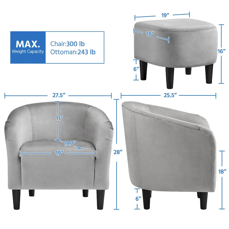 Fauteuil d'appoint en tissu avec pouf, motif lettre / gris, 1 place