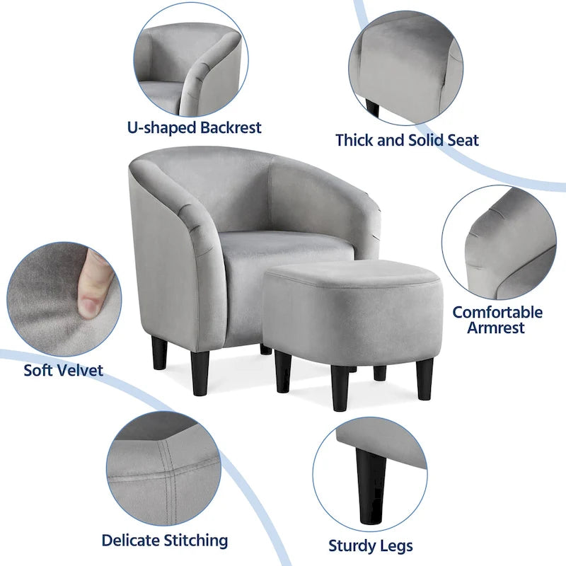 Fauteuil d'appoint en tissu avec pouf, motif lettre / gris, 1 place