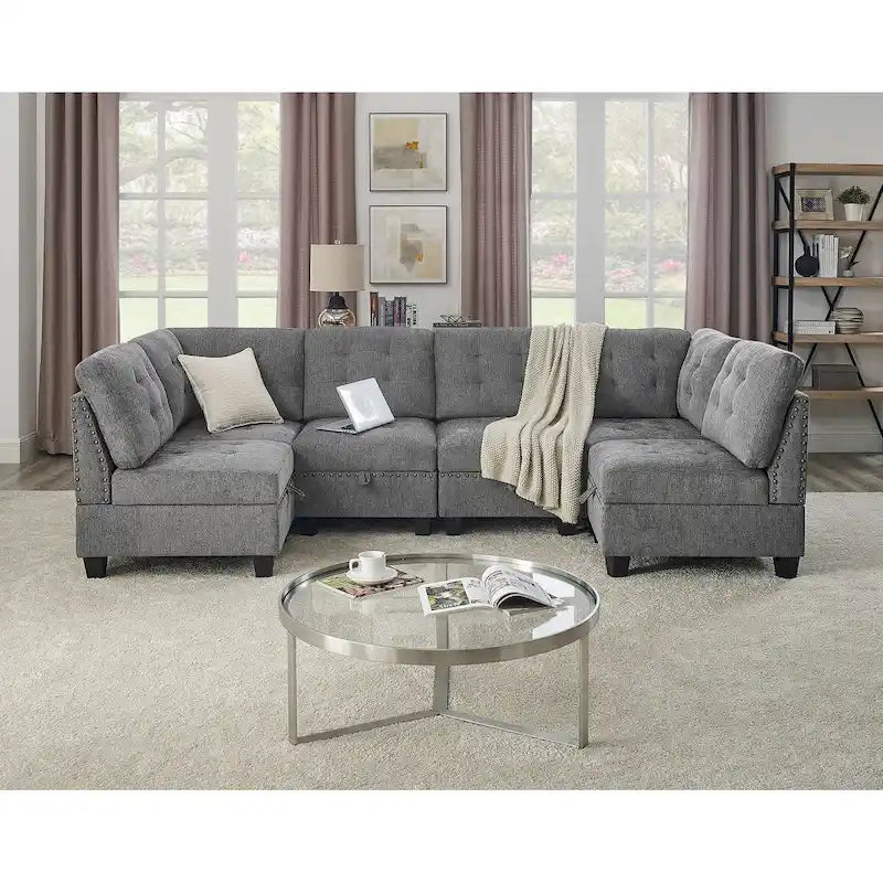 Canapé d'angle modulaire 6 places en chenille grise