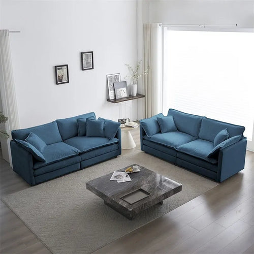 Ensemble de causeuses 2 places en chenille, blanc/bleu, 4 places