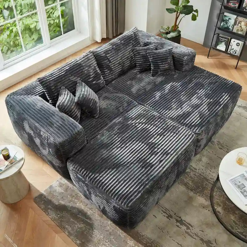 Canapé sectionnel en peluche en forme de L avec pouf amovible, gris / noir / beige, 3 places