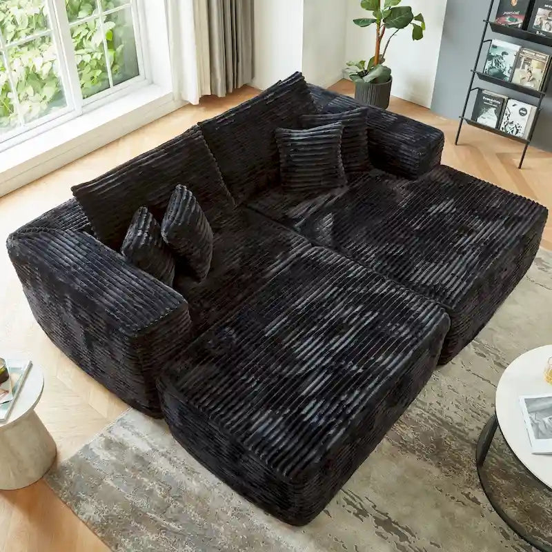 Canapé sectionnel en peluche en forme de L avec pouf amovible, gris / noir / beige, 3 places