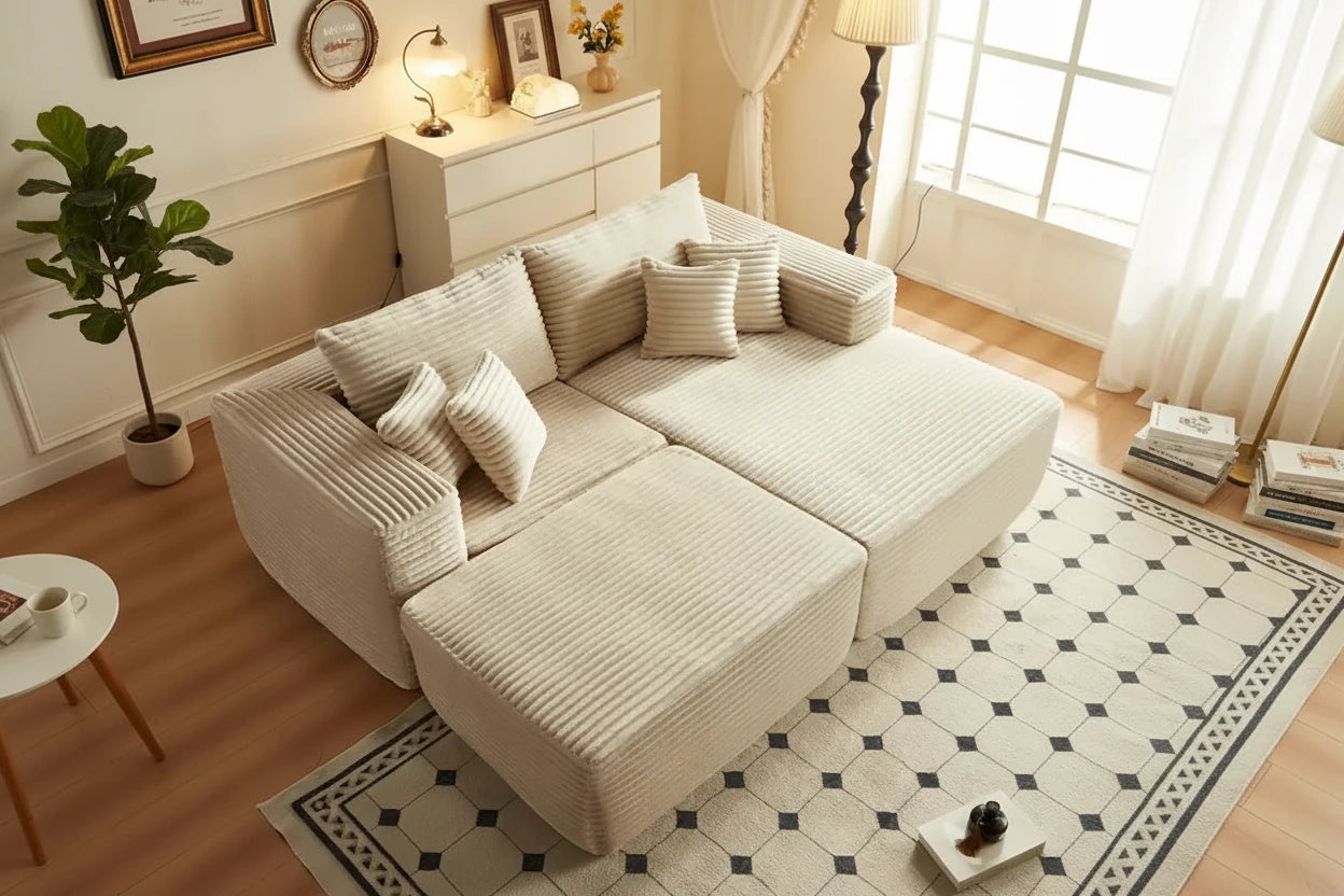 Canapé sectionnel en peluche en forme de L avec pouf amovible, gris / noir / beige, 3 places