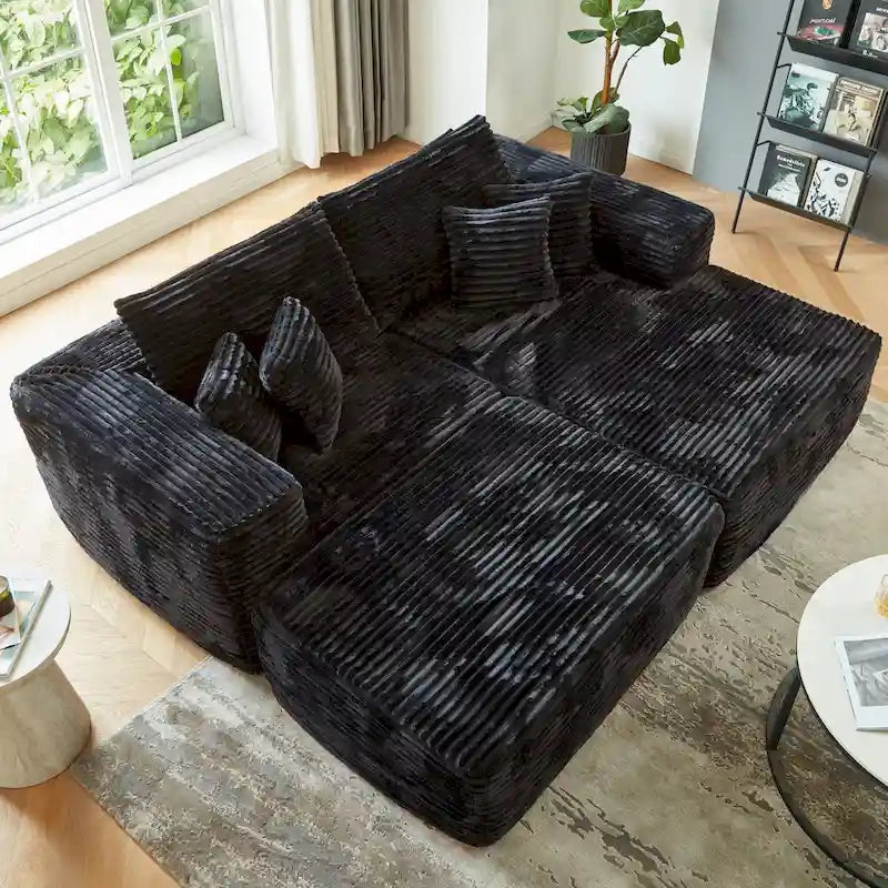 Canapé sectionnel en peluche en forme de L avec pouf amovible, gris / noir / beige, 3 places