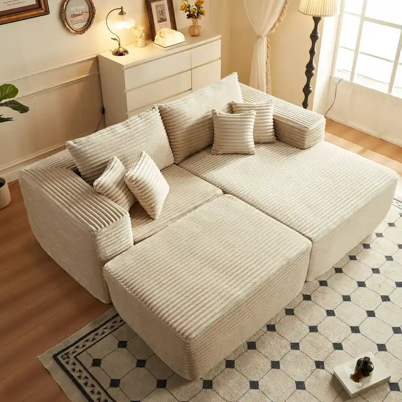 Canapé sectionnel en peluche en forme de L avec pouf amovible, gris / noir / beige, 3 places