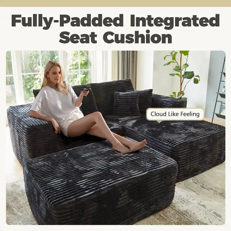 Canapé sectionnel en peluche en forme de L avec pouf amovible, gris / noir / beige, 3 places