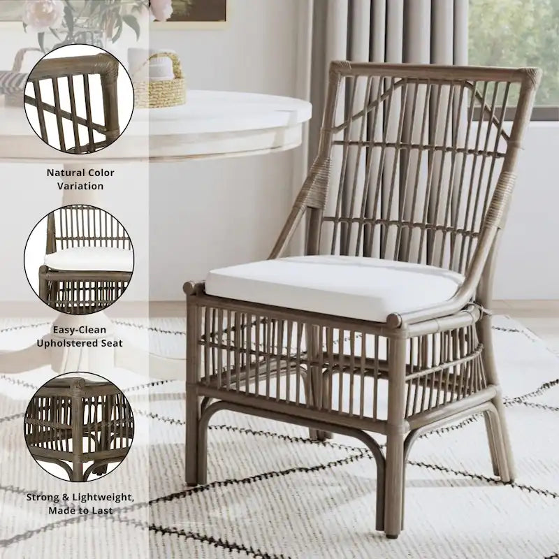 Chaises de salle à manger capitonnées à lattes en rotin gris-brun, lot de 2