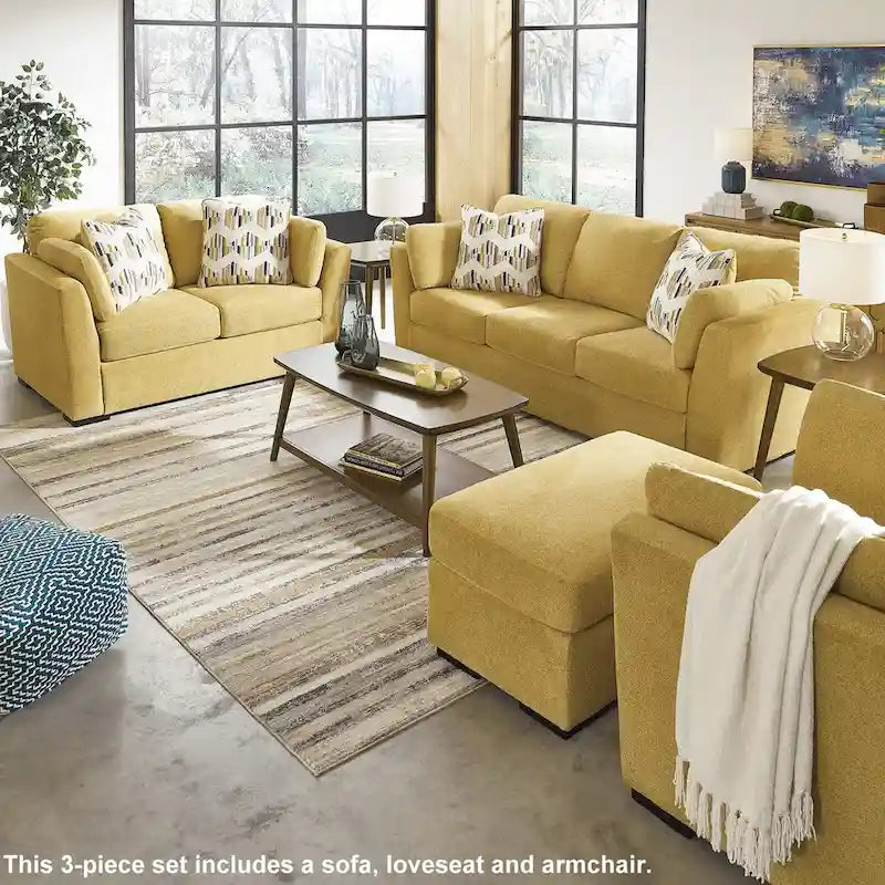 Canapé 3 places, causeuse et fauteuil en velours jaune/bleu (5 places et plus)