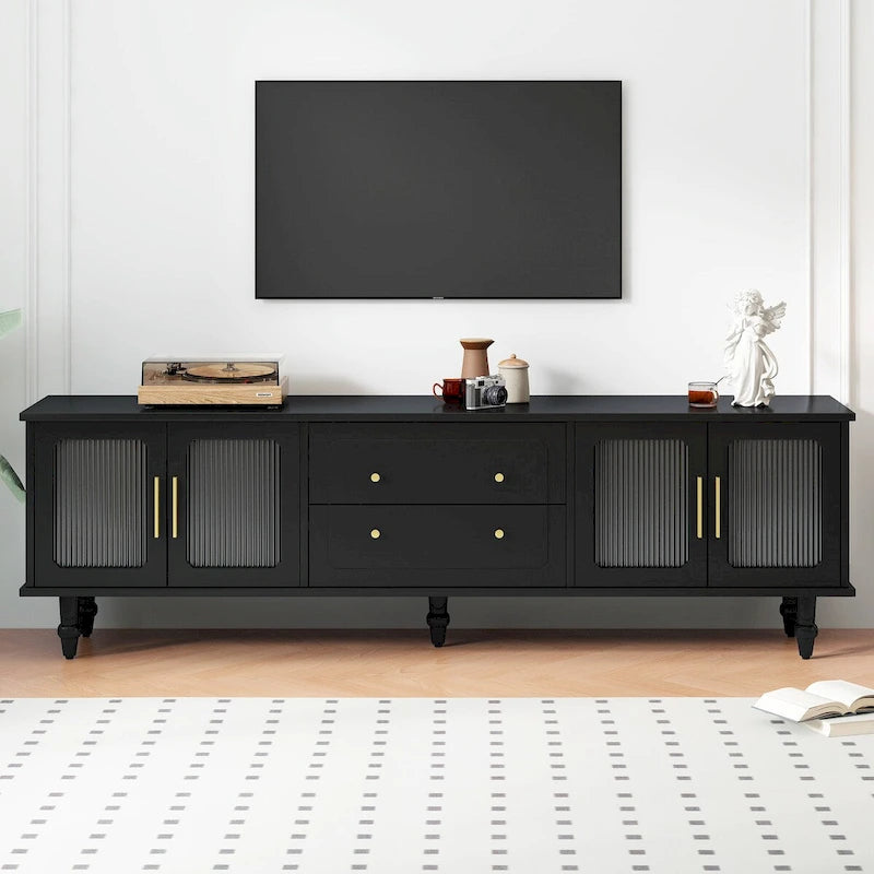 Meuble TV cannelé noir/blanc avec 2 tiroirs et armoires, pour 1 à 2 personnes