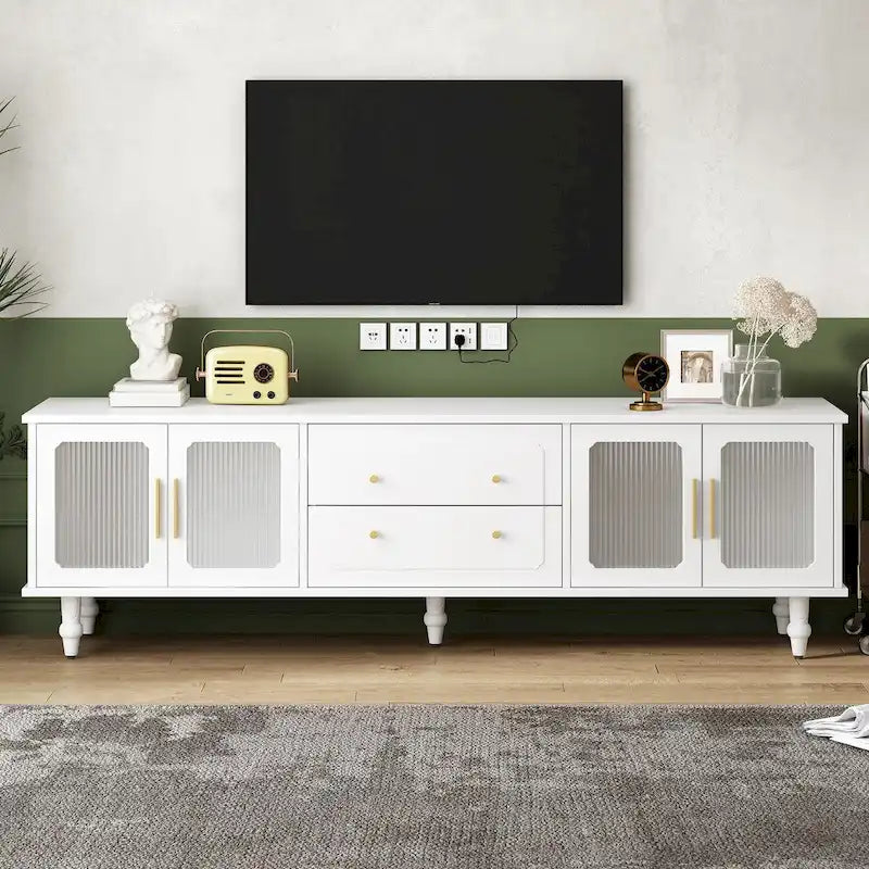 Meuble TV cannelé noir/blanc avec 2 tiroirs et armoires, pour 1 à 2 personnes