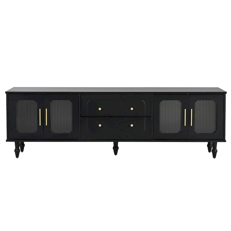 Meuble TV cannelé noir/blanc avec 2 tiroirs et armoires, pour 1 à 2 personnes
