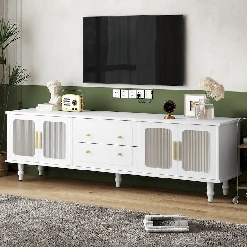 Meuble TV cannelé noir/blanc avec 2 tiroirs et armoires, pour 1 à 2 personnes
