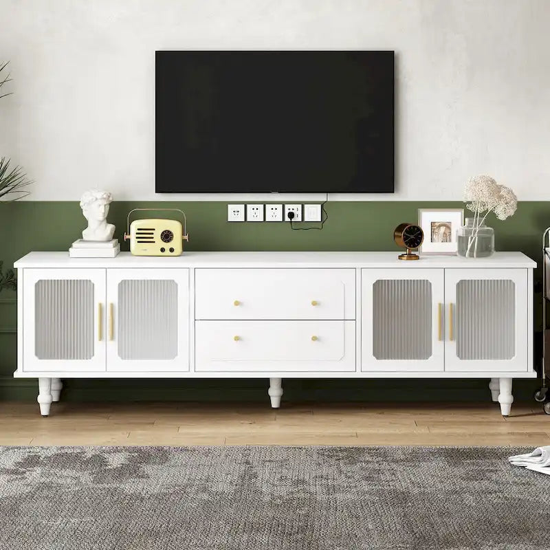 Meuble TV cannelé noir/blanc avec 2 tiroirs et armoires, pour 1 à 2 personnes