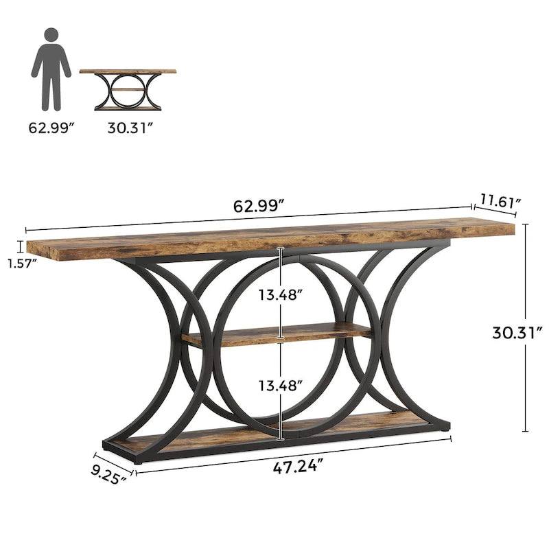 Table console à 3 niveaux marron et noir de 63 po pour 1 personne (entrée/salon)