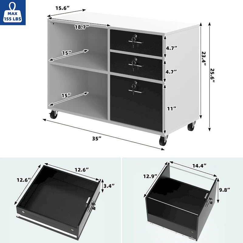 Classeur mobile 3 tiroirs avec roulettes, blanc/noir/gris, utilisateur unique