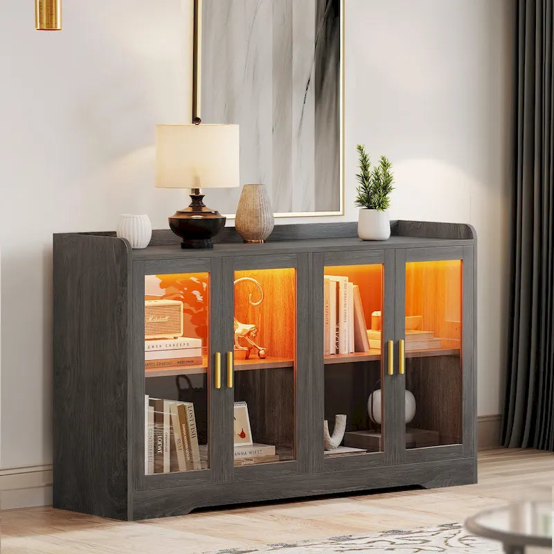 Buffet de 55 po avec lumières DEL et étagères réglables – Gris / Blanc / Noir