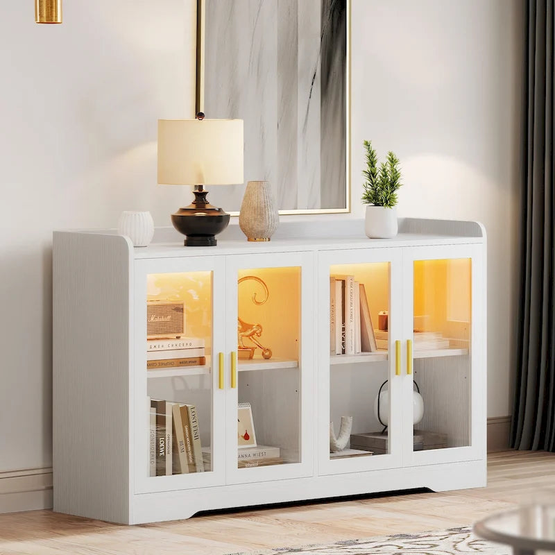 Buffet de 55 po avec lumières DEL et étagères réglables – Gris / Blanc / Noir