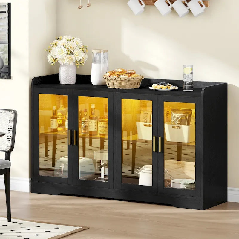 Buffet de 55 po avec lumières DEL et étagères réglables – Gris / Blanc / Noir