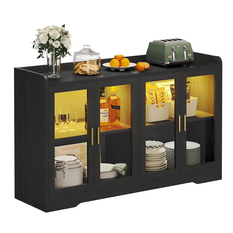 Buffet de 55 po avec lumières DEL et étagères réglables – Gris / Blanc / Noir